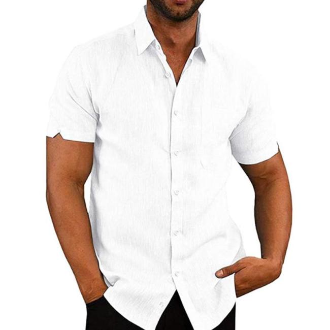 Męska koszula z krótkim rękawem, zapinana na guziki z bawełny i lnu