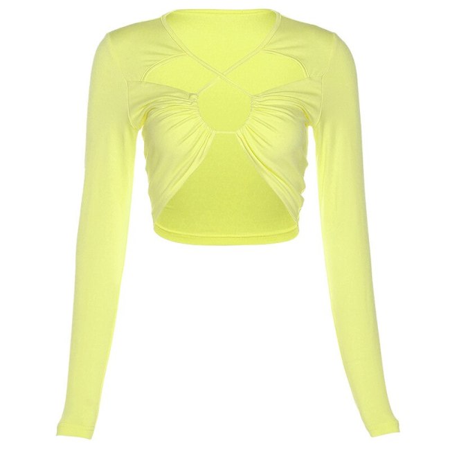 BOOFEENAA Yellow Hollow Out Long Sleeve Crop Top Sexy Blouse Fall 2021 Street Fashion T Shirts for Women Clubwear C83-BC15