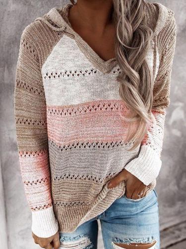 Multicolor Stitching Hooded V-neck Sweater