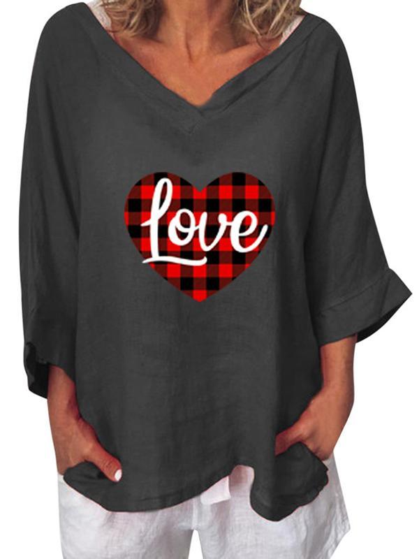 Women's Valentine's Day Printed 3/4 Sleeve V-Neck Cotton and Linen Top