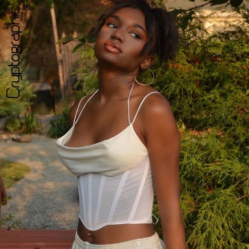 Cryptographic Halter Sexy Backless Sheer Mesh Crop Tops Women Fashion Club Straps White Camisole Backless Top Cropped Streetwear