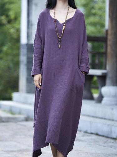 Ladies casual solid color cotton and linen dress
