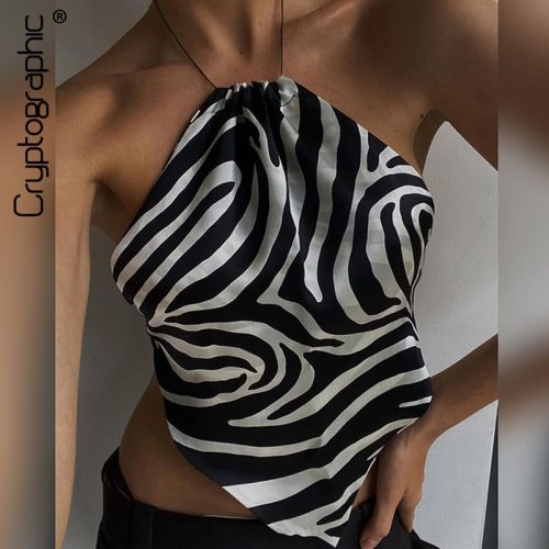 Cryptographic Animal Print Fashion Halter Sexy Camis Crop Tops for Women Summer Backless Sleeveless Scarf Tank Top Cropped
