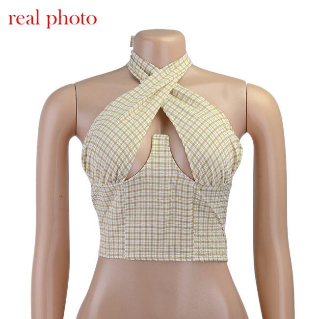 Cryptographic Fashion Plaid Cross Halter Sexy Cut-Out Crop Tops Women Sexy Backless Cropped Feminino Top Summer 2021 Streetwear