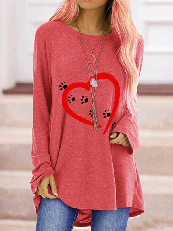 Women's Valentine's Day Fun Love Dog Paw Print Round Neck Long Sleeve T-shirt
