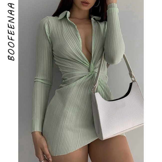 BOOFEENAA Sexy Long Sleeve Deep V Neck Pleated Bodycon Dress Womans Fashion 2021 Fall Party Clubwear Elegant Outfits C85-CF21
