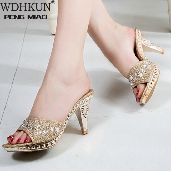 WDHKUN Spike Heels Women Pumps Sexy High Heels Women Crystal Party Women Shoes Gold Open Toe Ladies Shoes