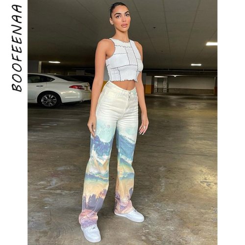 BOOFEENAA Watercolor Tie Dye Straight Leg Pants 2021 New Trendy Bottoms for Women Athleisure High Waisted Trousers C71-EF60