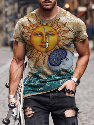Men's Retro Sun Moon Print Casual T-Shirt