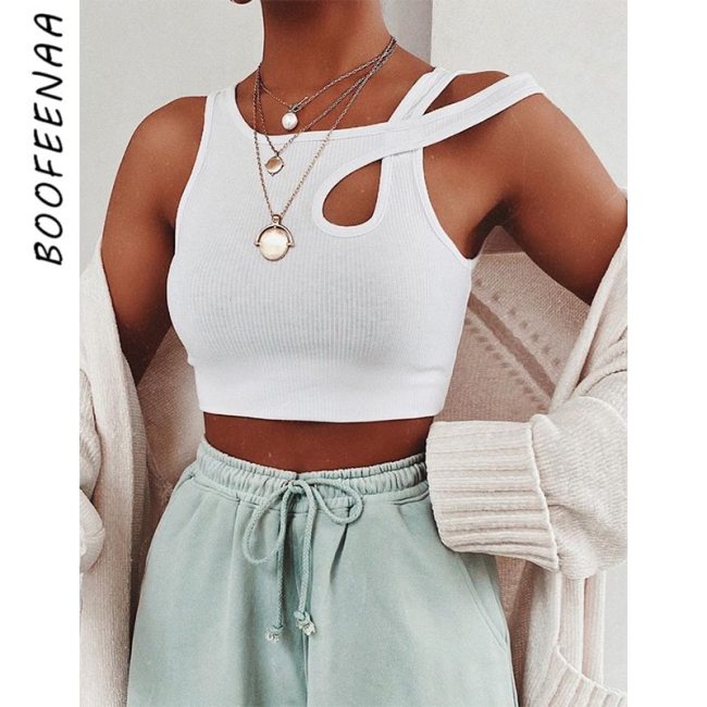 BOOFEENAA Sexy Ribbed Knitted White Crop Top Womens Clothing 2020 Summer Asymmetric Fashion Slim Tank Tops Cotton C77-G83