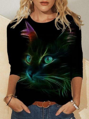 Ladies cat print casual long sleeve T-shirt