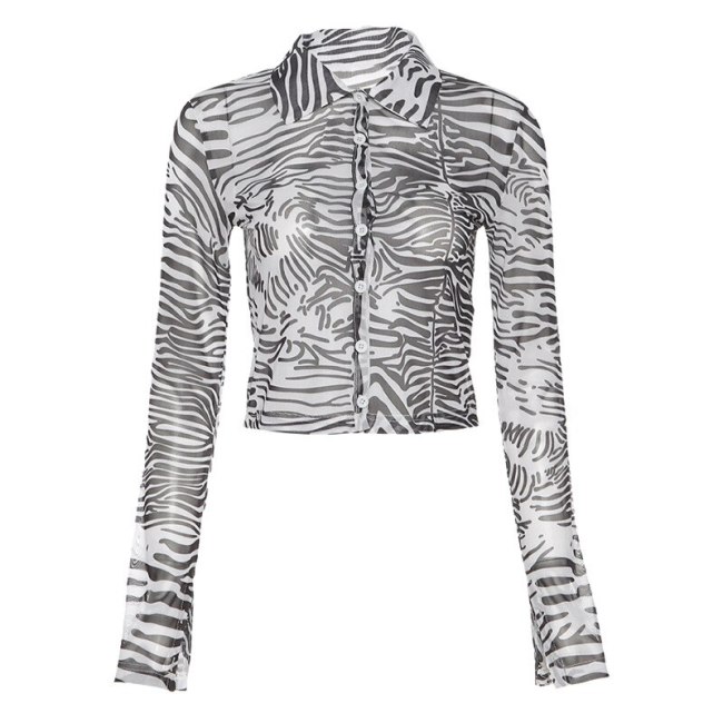 BOOFEENAA Sexy Zebra Striped Print Sheer Mesh Tshirts for Women Button Down Blouse Long Sleeve Crop Top Fall 2021 C71-BG14