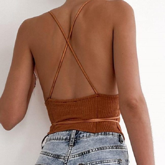 Cryptographic Vintage Fashion Sexy Bandage Straps Crop Tops Women Elegant Ribbed Hollow Out Backless Sleeveless Top Streetwear