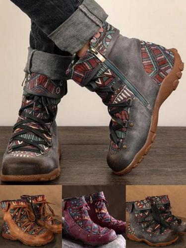 Ladies' Vintage Jacquard Stitching Short Martin Boots