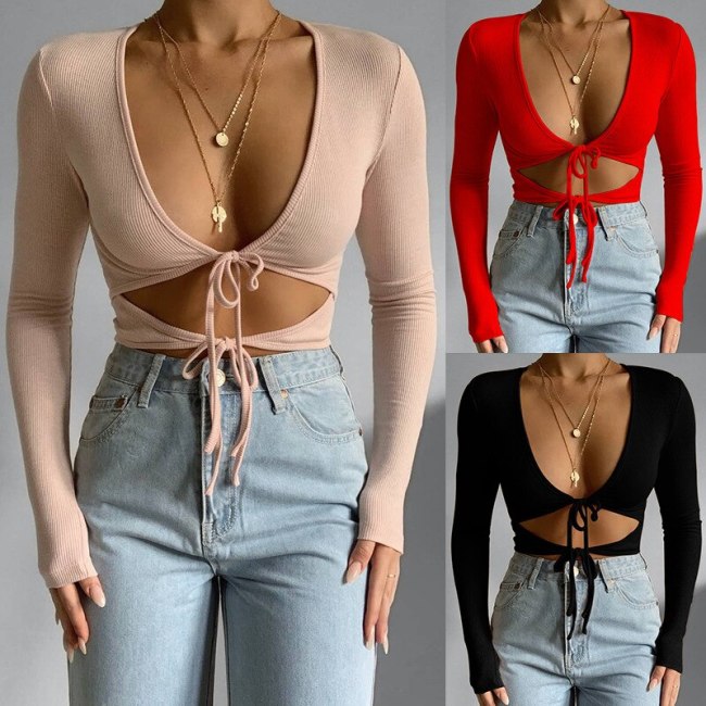 Cryptographic Bandage V-Neck Tie Front Top Women Long Sleeve Fall 2020 Ribbed Knit Sexy Tops Shirts Women's Clothing Streetwear
