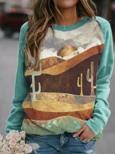 Western Scenery Print Patchwork Pullover