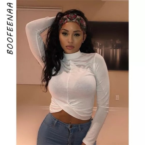 BOOFEENAA Woman Tshirts White Sexy Casual Cross Turtleneck Long Sleeve Crop Tops for Women Clothes Winter 2020 C85-AG14