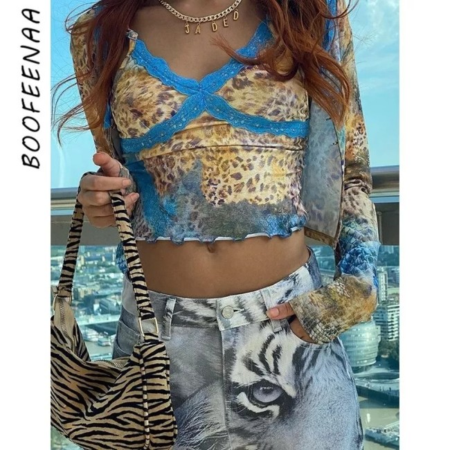BOOFEENAA Sexy Leopard Lace Camis Y2k Aesthetic Streetwear Deep V Neck Crop Top Tshirt Women Clothing 90s Tanks Tops C95-AG10