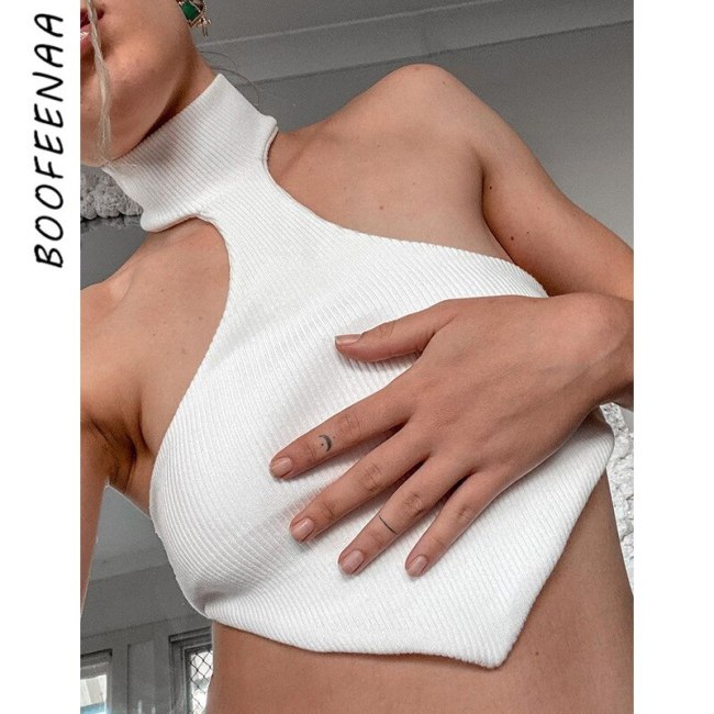 BOOFEENAA Sexy Solid Color Backless Halter Top Femme Rib Knit Slim Fit Crop Top Sexy Streetwear Women Summer 2021 C83-AF10