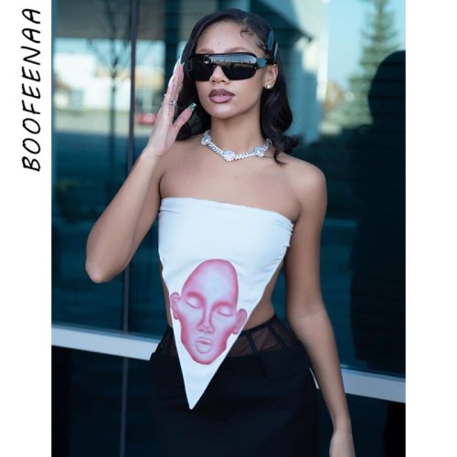 BOOFEENAA Aesthetic Print Tube Tops for Women Fashion Y2k Crop Top Summer Sexy Womens Tanks and Tees Clubwear 2021 C85-AZ10