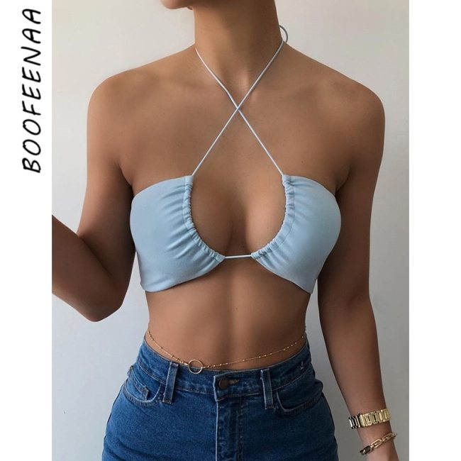 BOOFEENAA Sexy Summer Backless Halter Cross Crop Top Solid Color Camis for Women Tank Top Camisole Rave Outfit Clubwear C83-AB10