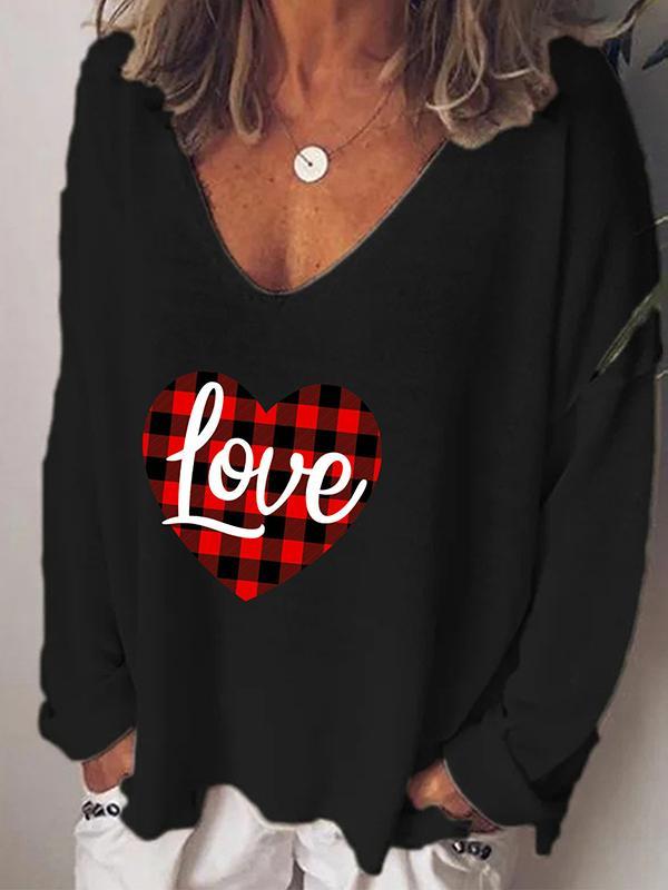 Ladies Valentine's Day Love Print V-neck Long Sleeve T-shirt