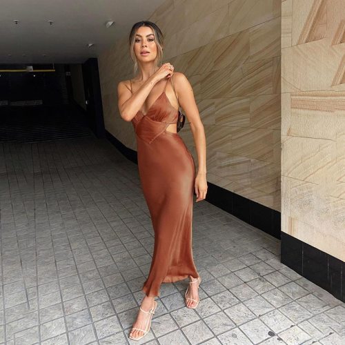 BOOFEENAA Elegant Sexy Summer Strap Dress 2021 Ladies Vacation Outfits Brown Satin Hollow Out Backless Long Dresses C83-DZ17