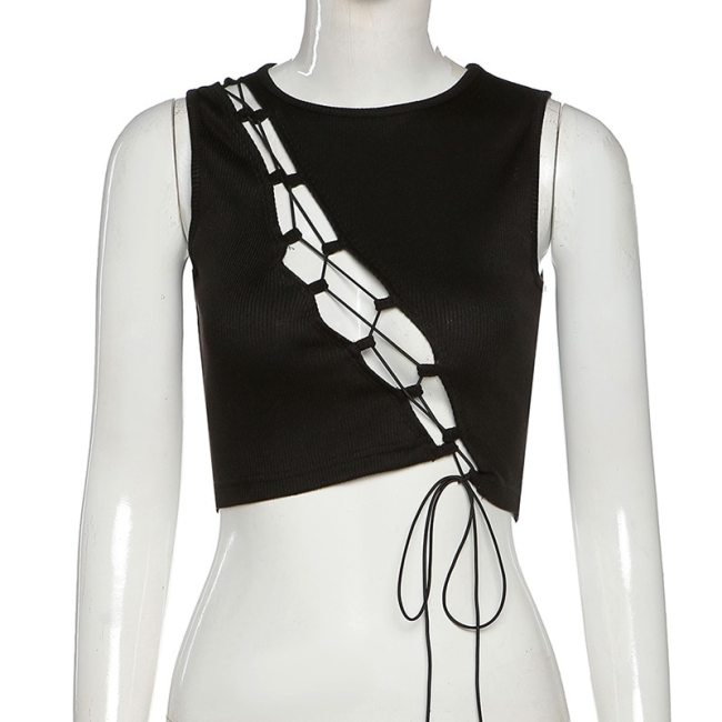 BOOFEENAA Egirl Night Club Crop Top Women Gothic Black Assymetrical Cutout Lace Up Ribbed Tank Tops Y2k Clothes C83-BZ10