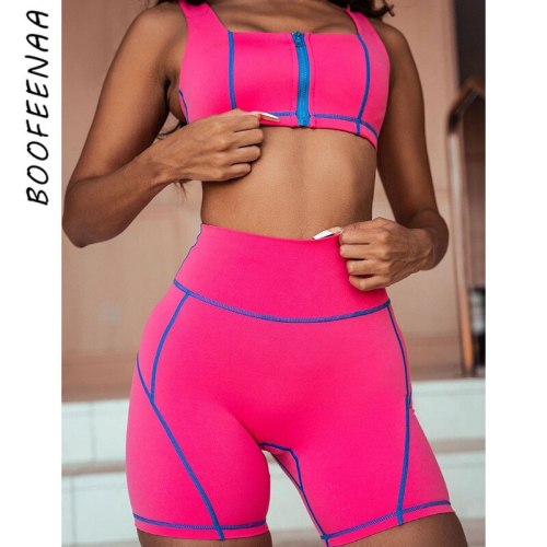 BOOFEENAA Sports 2 Piece Sets Womens Outfits Summer Biker Shorts Contrast Stitch Tights Suit for Women Tracksuit C85-DZ19