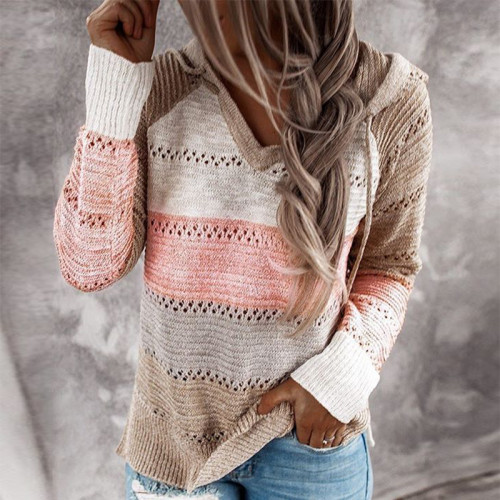 Women Patchwork Hooded Sweater Long Sleeve V-neck Knitted Sweater
