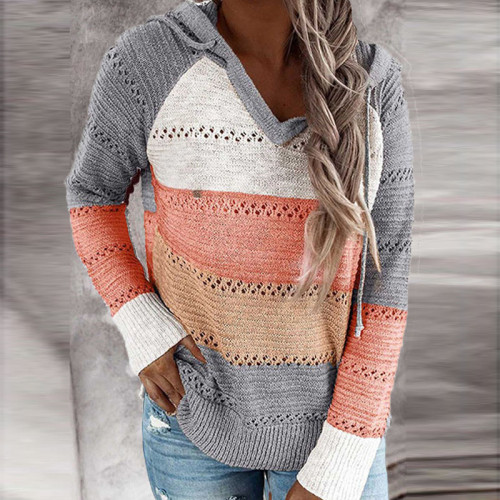 Women Patchwork Hooded Sweater Long Sleeve V-neck Knitted Sweater