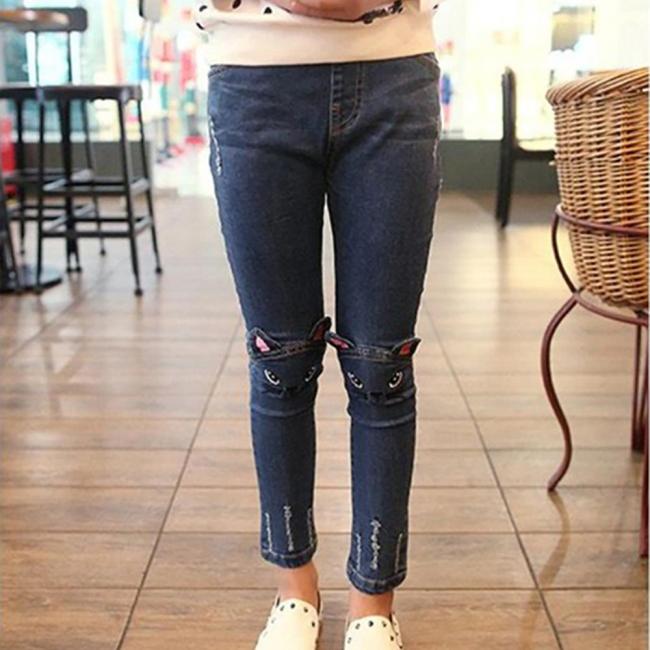 Casual Kids Cute Cat Design Kids Jeans Trousers For Girls Jeans Pants