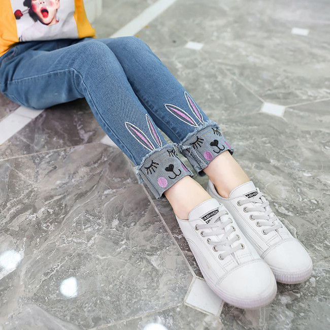 Casual Kids Cute Cat Design Kids Jeans Trousers For Girls Jeans Pants