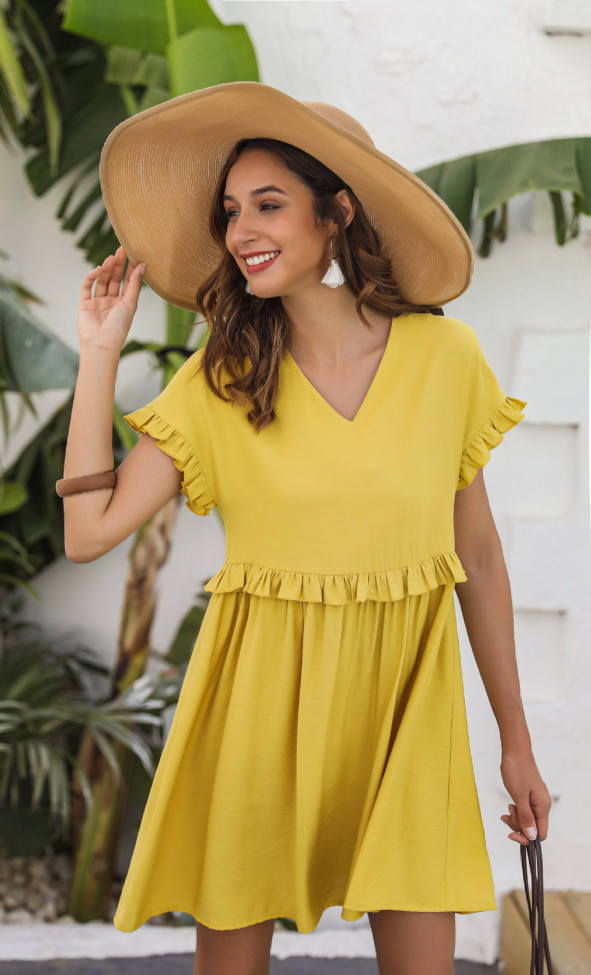 Yellow Linen short sleeve pleated dress