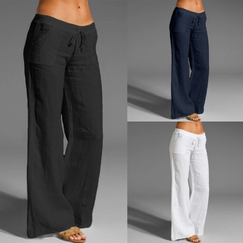 Women Linen Pants Casual Solid Elastic Waist Trousers