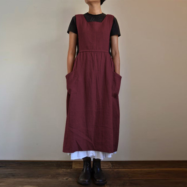 Women waist cotton and linen apron loose long dress