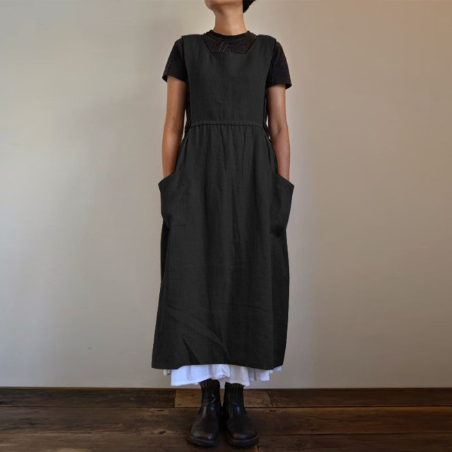 Women waist cotton and linen apron loose long dress