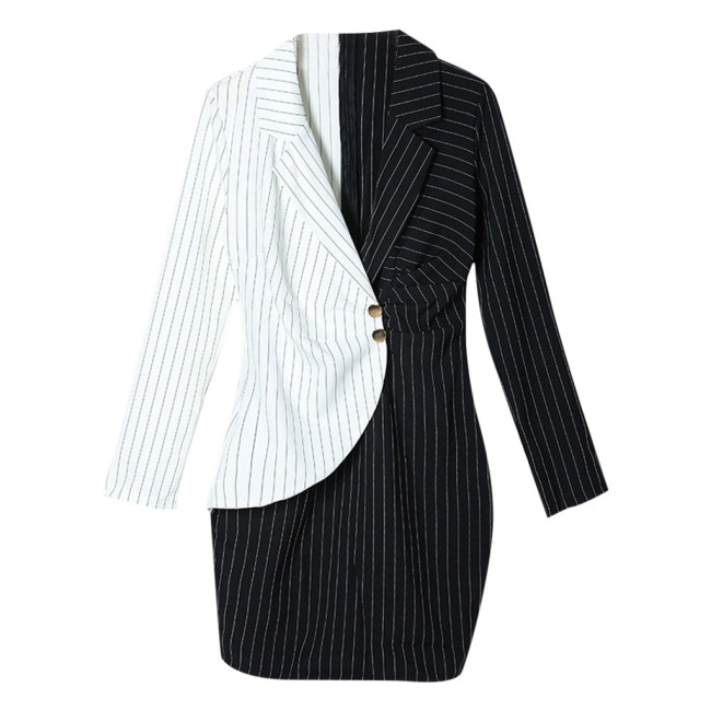 Women Formal Elegant Long Sleeve Buttons Striped Patchwork Bodycon Blazer