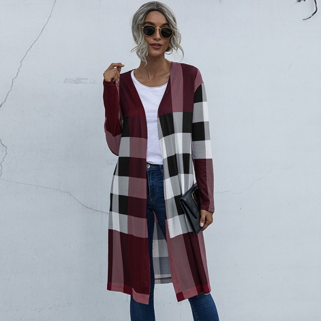 Checked Fashion Buttonless Straight Cardigan Jacket