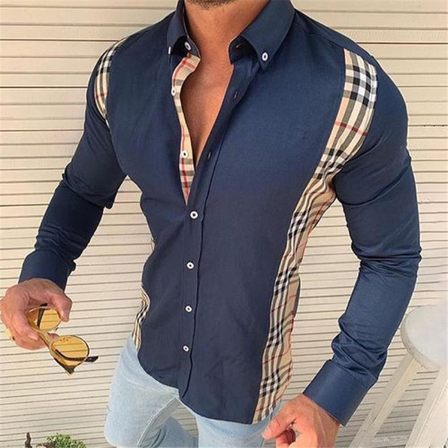 Men's casual slim long-sleeved printed plaid shirt