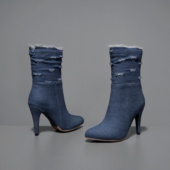 Denim boot short Pointed Toe Women Autumn winter High Heels