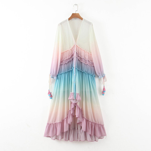 Deep V-neck Long Sleeve Gradient Print Dress Long Skirt
