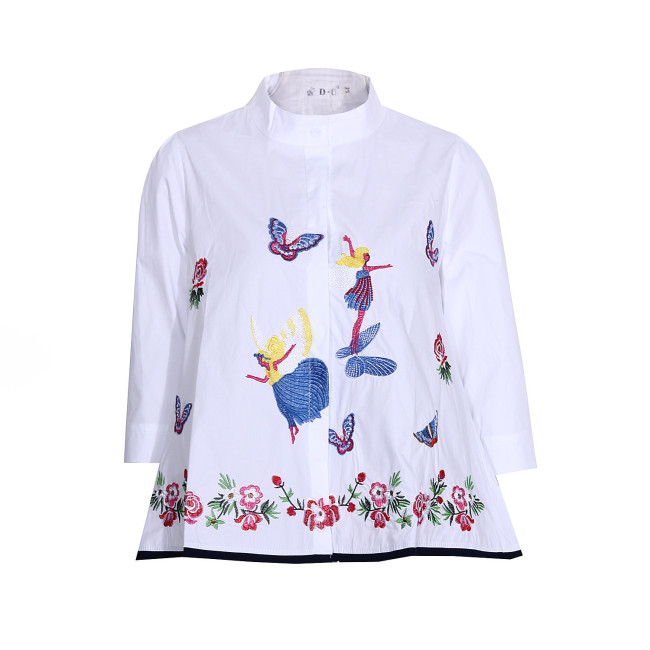 Fashion casual stand-up collar embroidered baby shirt three-quarter sleeve shirt women