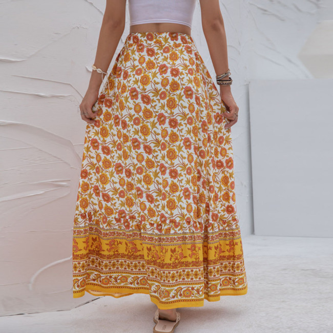 Women Clothing Casual Boho Print Lace Up Maxi Skirts