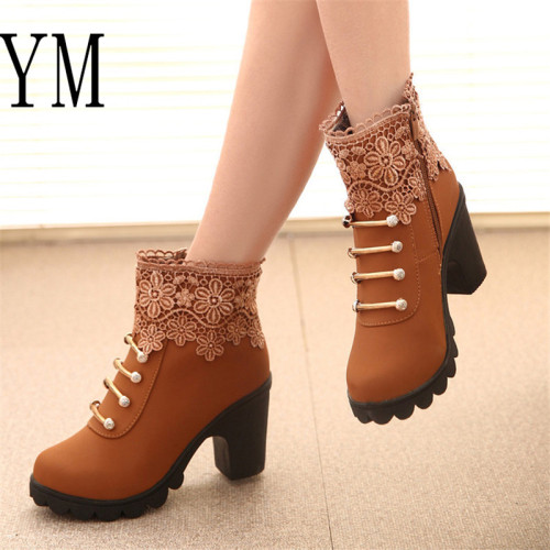 PU Pattern Ankle Boots shoes Sexy Lace Cuff Thick Heel