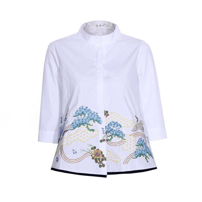 Fashion casual stand-up collar embroidered baby shirt three-quarter sleeve shirt women