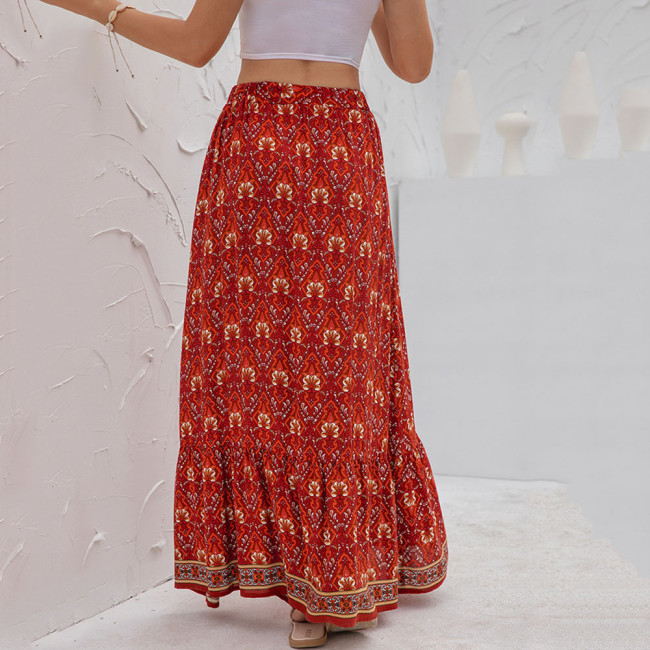 Women Clothing Casual Boho Print Lace Up Maxi Skirts