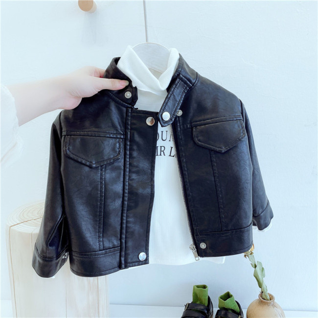 1-8T Toddler Kid Warm PU Coats biker Jacket Streetwear Black Zipper Outwear
