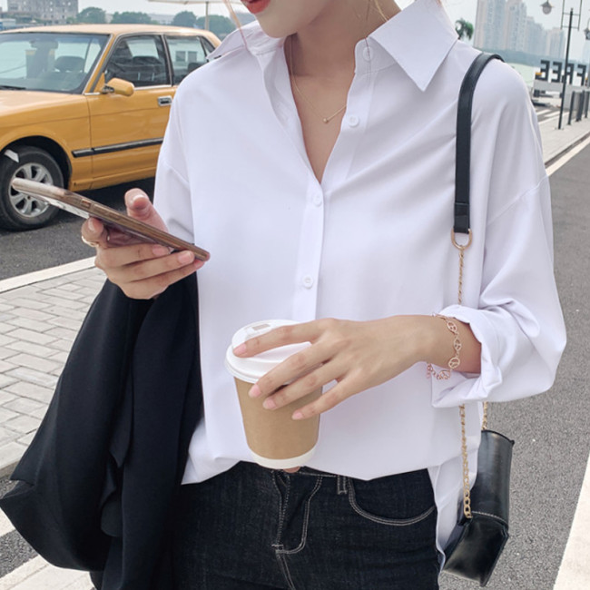 Women Black Chiffon Blouse Long Sleeve Casual Shirt