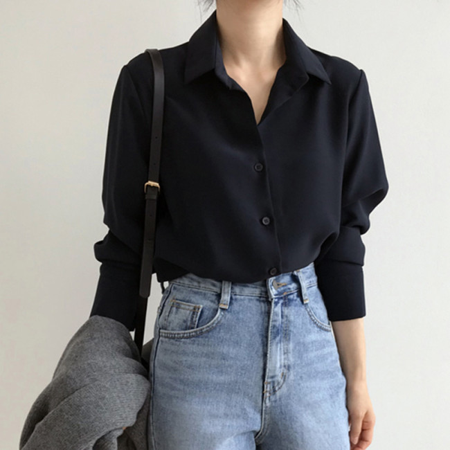 Women Black Chiffon Blouse Long Sleeve Casual Shirt
